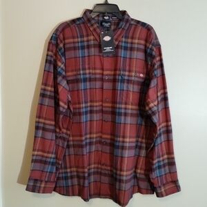 Dickies Men's FLEX Long Sleeve Button Down Flannel Work Shirt, Brick Red - NWT